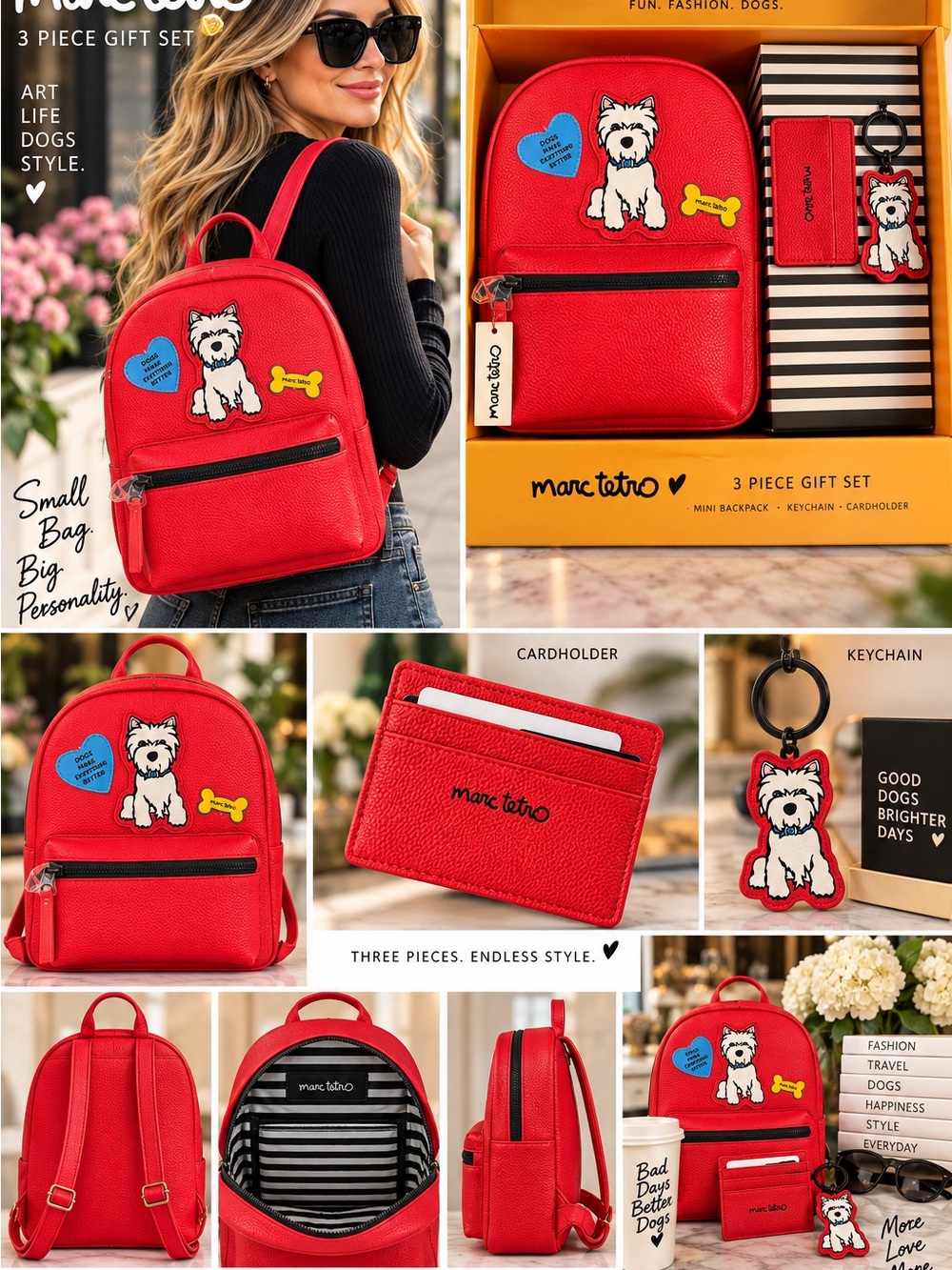 Marc Tetro Red Mini Backpack Set with Keychain & Cardholder - Picture 11 of 15